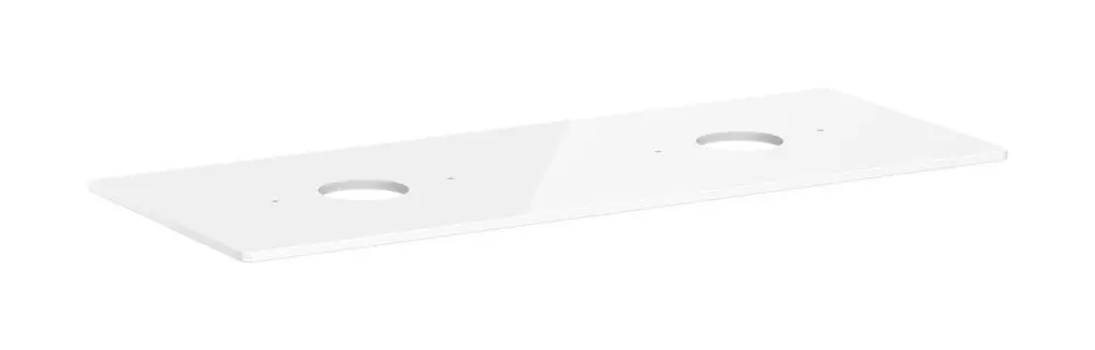 Weiße Konsole von Hansgrohe mit zwei Ausschnitten. Eignet sich für einen Aufsatzwaschtisch. Flache, rechteckige Form ohne Hahnloch.